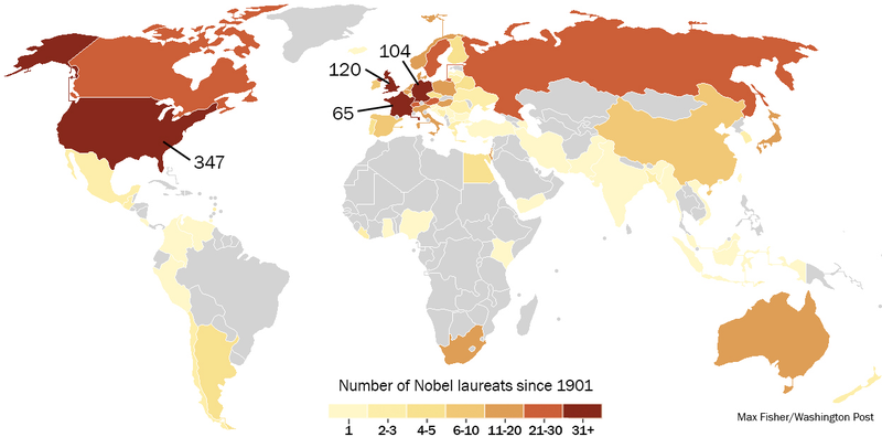 Illustration for article titled This map of Nobel prize winners shows a disturbing level of inequality